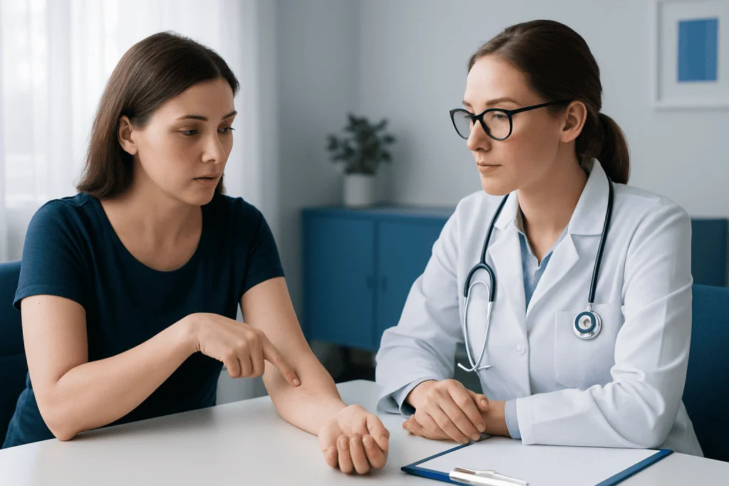 Doctor examining patient's arm in a medical consultation room.