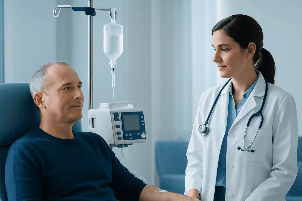 Doctor consulting with a patient in a hospital room with IV drip.