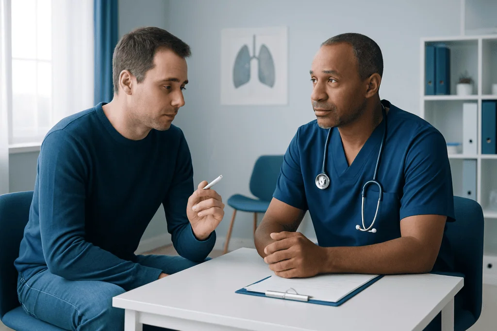 Doctor consulting with patient in a medical office setting.