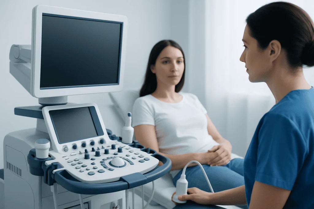 Medical ultrasound examination in progress at Acibadem Hospital.