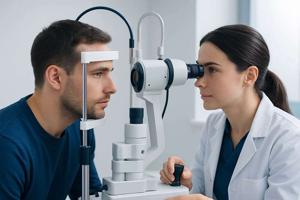 Ophthalmologist examining patient's eye with slit lamp microscope.
