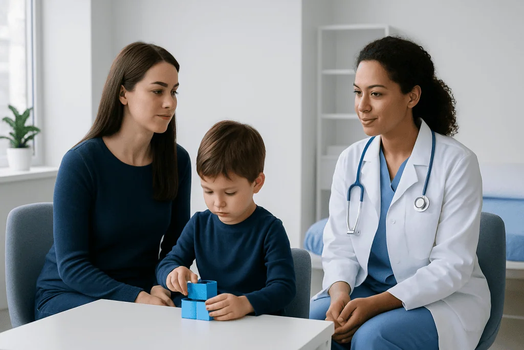Child playing with blocks during a medical consultation at Acibadem Hospital.