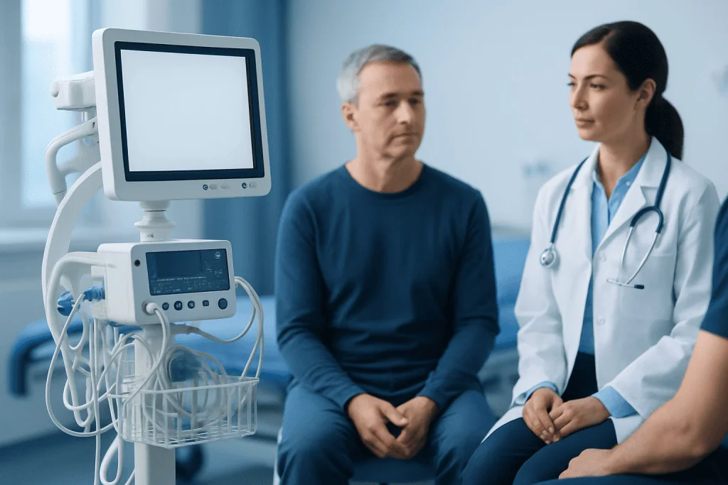 Doctor consulting patient in hospital room with medical equipment.