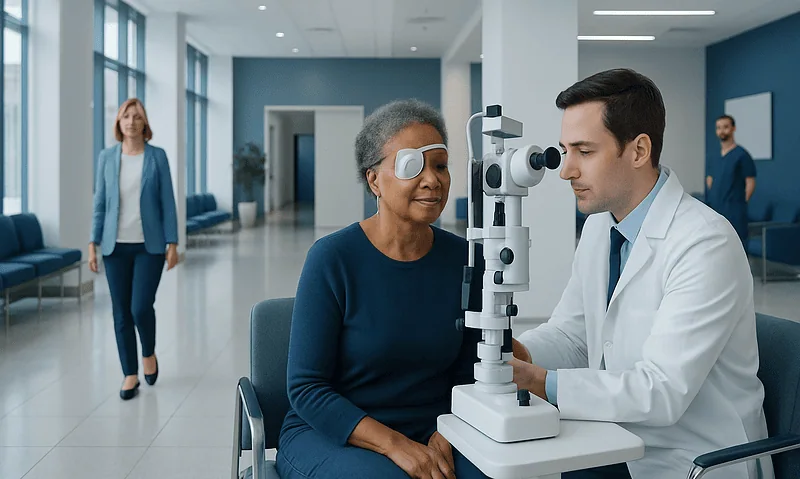 How Soon after Cataract Surgery Can Yag Laser Be Done: Procedure, Recovery and Results 6 Optometrist examines elderly woman's eye with slit lamp in clinic.