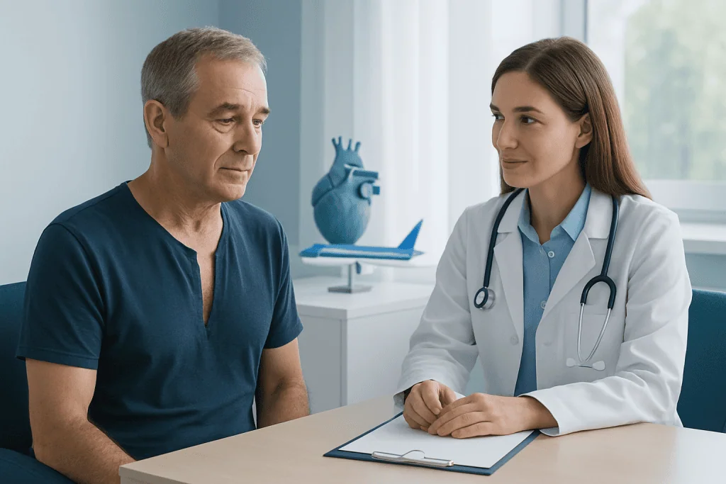Patient consulting with a cardiologist in a medical office setting.