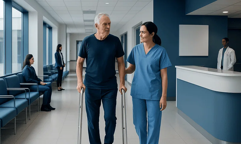 Elderly man with walker talking to nurse in hospital corridor.