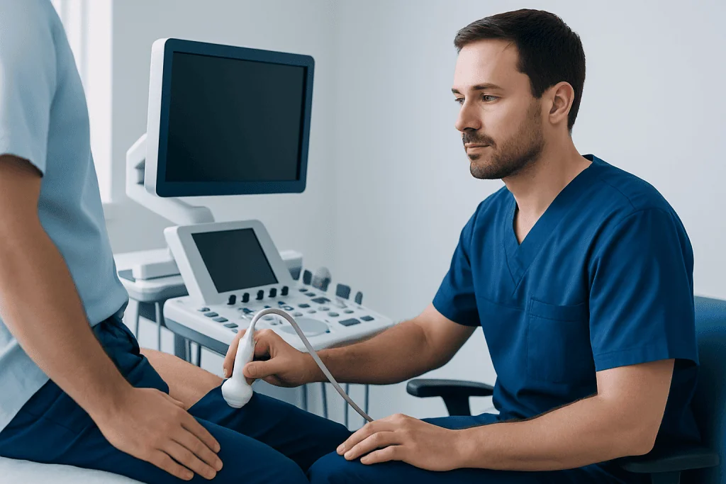 Urologist performing an ultrasound examination on a male patient in a clinic.