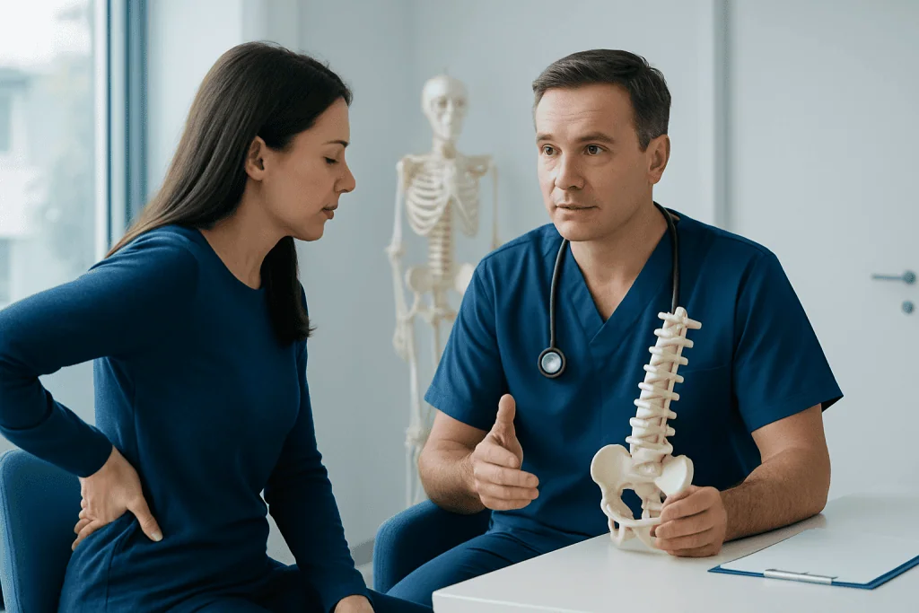 Doctor explaining spinal issues to a patient in a medical consultation.