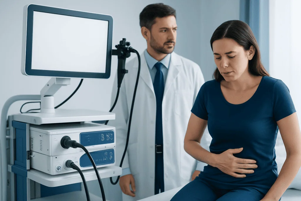 Doctor examining a woman with abdominal pain in a hospital setting.