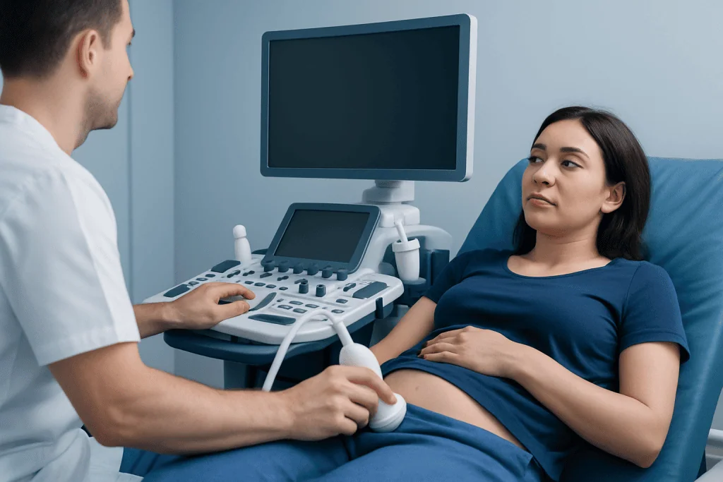 Doctor performing an ultrasound exam on a pregnant woman in a hospital room.