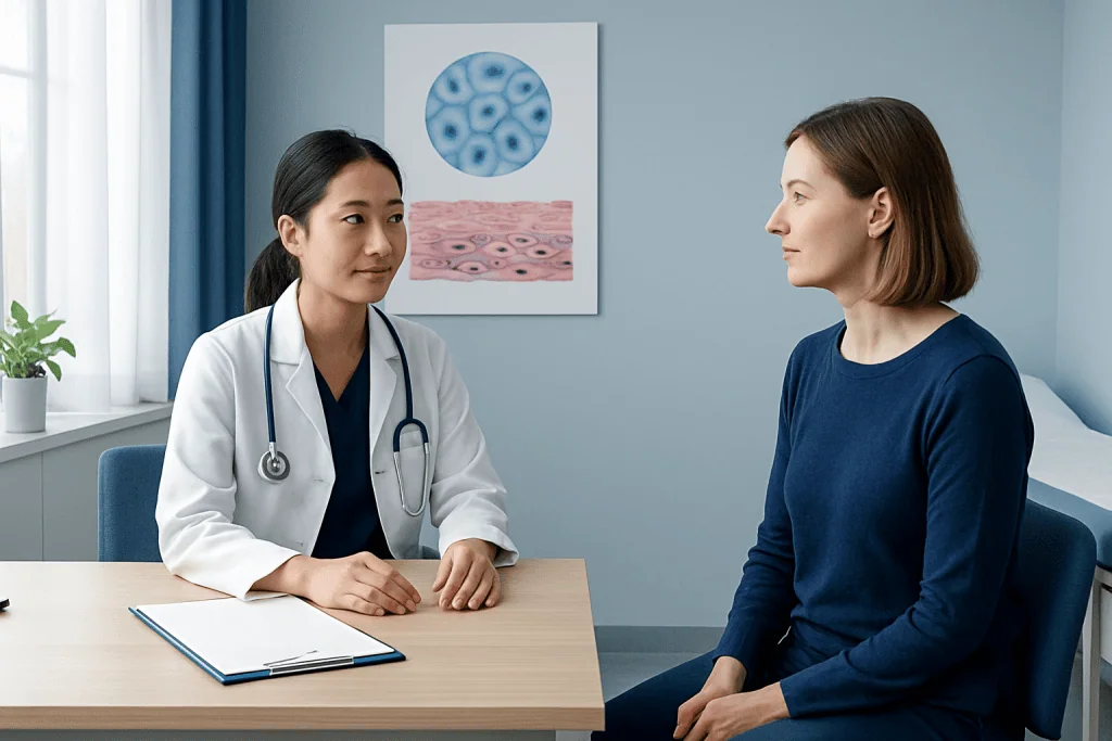 Doctor consulting with patient in a medical office setting.