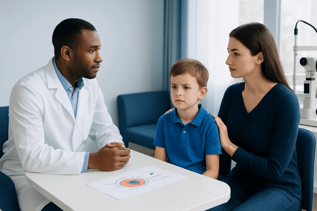 Pediatric consultation with doctor and mother discussing child's eye health.