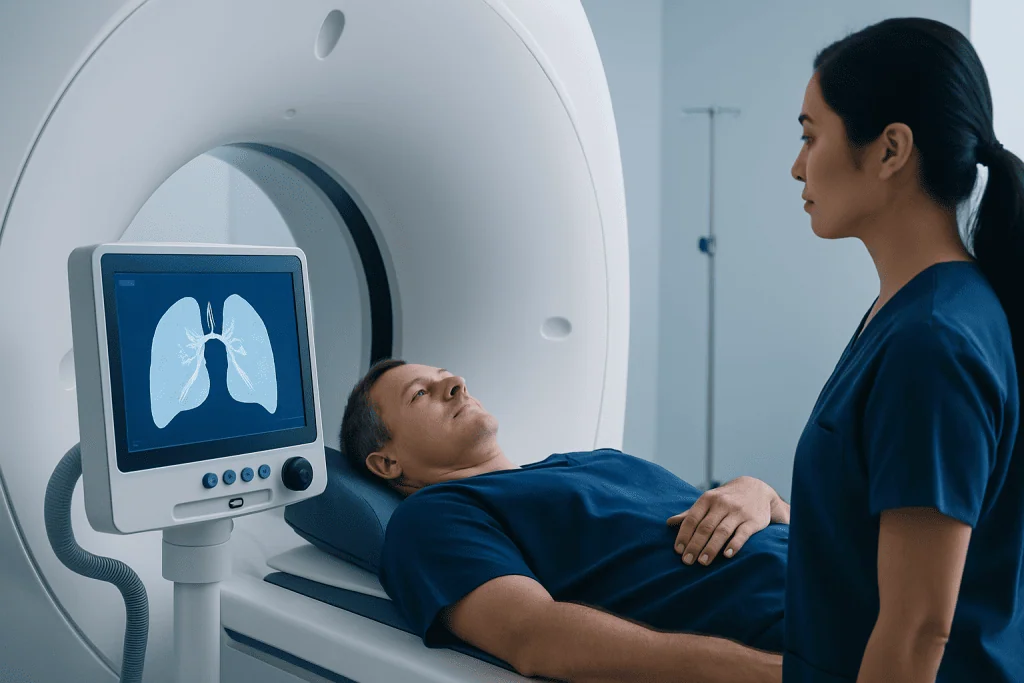 Patient undergoing lung scan at Acibadem Hospital for lung cancer diagnosis.