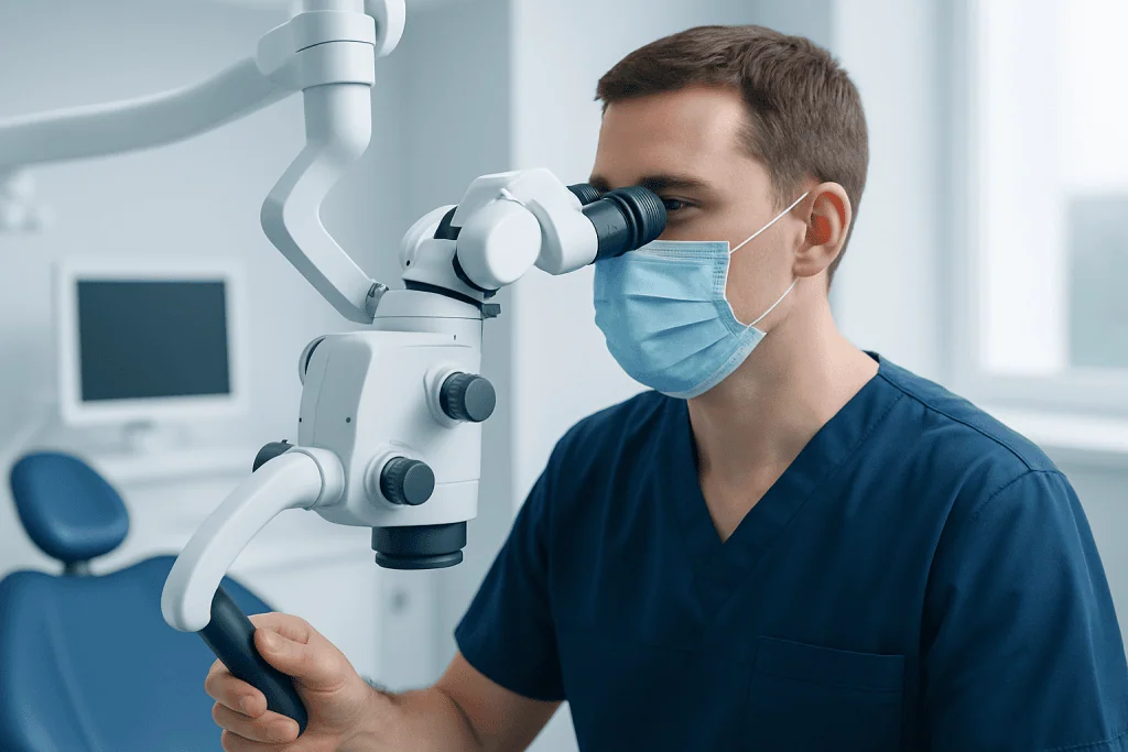 Dentist using a microscope in a modern dental clinic.
