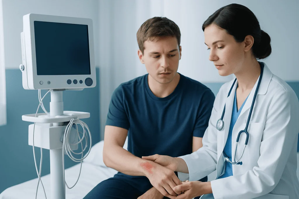 Steam Burn: What Patients Need to Know 1 Doctor examining a patient's hand with a monitor nearby.