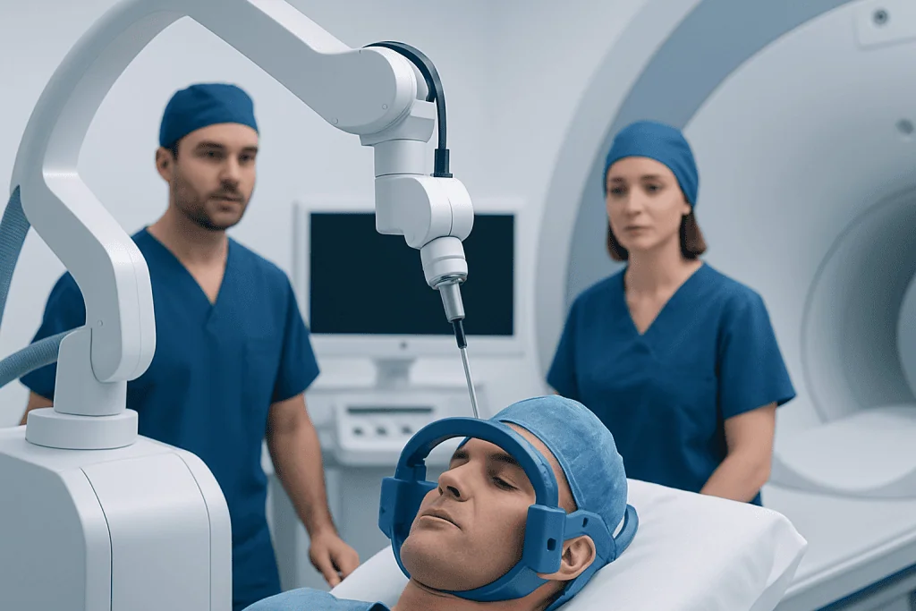 Medical team performing stereotactic laser ablation procedure in a hospital.