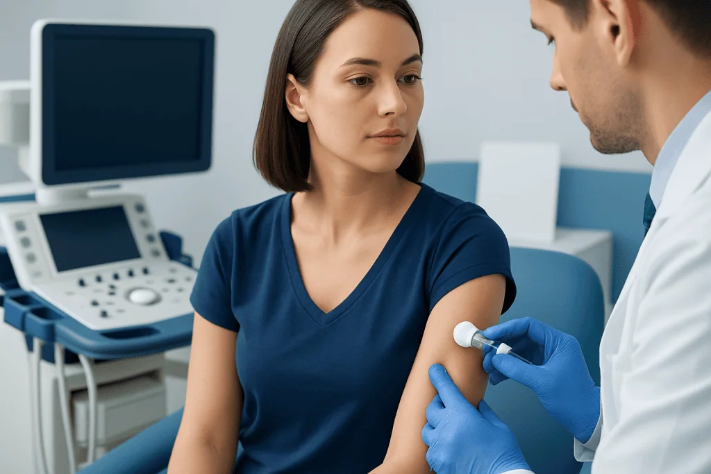 Doctor administering a steroid shot to a patient in a clinical setting.