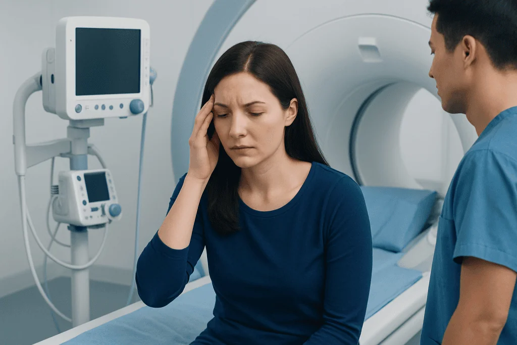 Woman experiencing headache during medical examination at Acibadem Hospital.