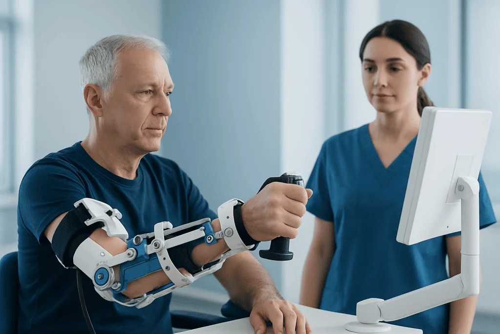 Elderly man undergoing arm rehabilitation with robotic device in a medical setting.