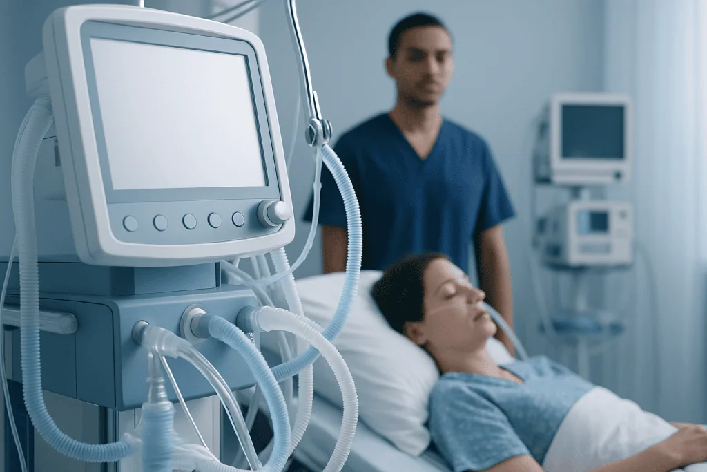 Medical ventilator and patient in hospital room for critical care.