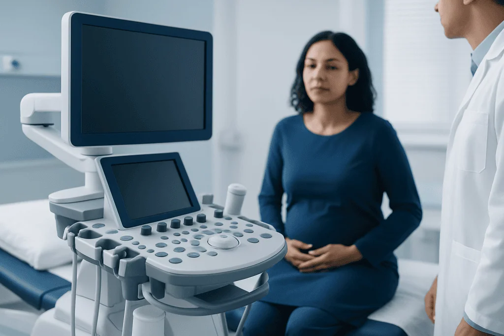 Doctor performing ultrasound examination on a patient in a medical clinic.