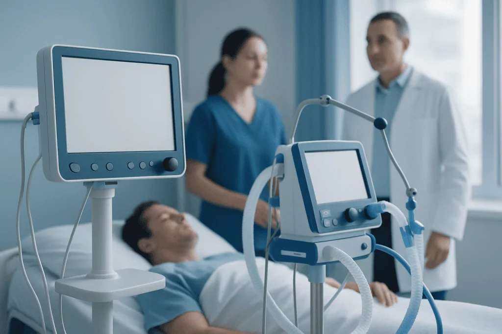 Medical team monitoring patient on ventilator in hospital ICU.