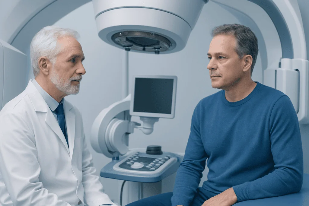 Doctor consulting with patient in medical imaging room at Acibadem Hospital.
