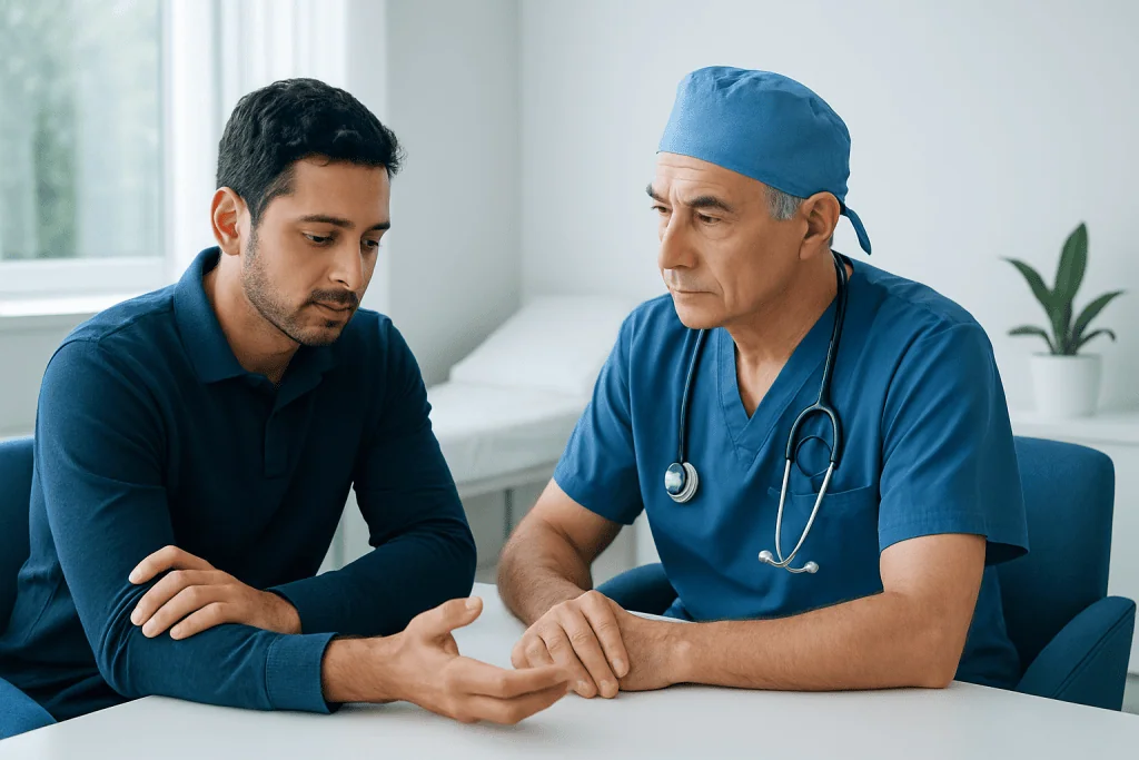 Doctor consulting with patient about replant surgery procedure and recovery.