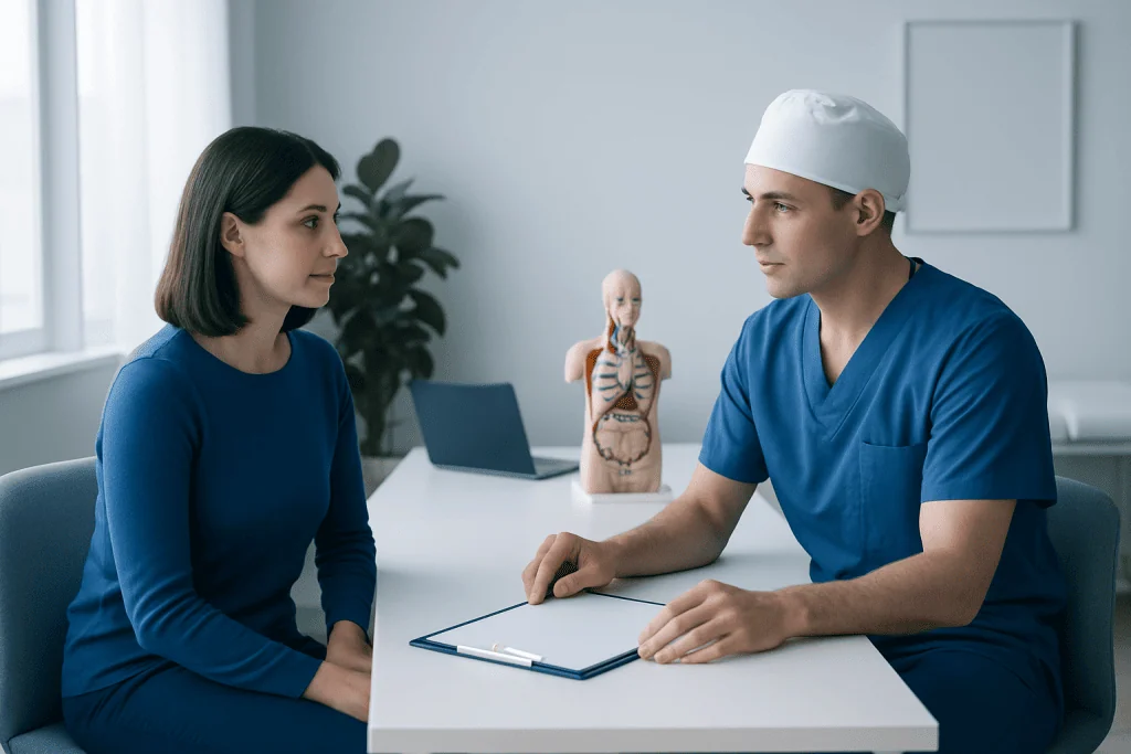 Surgeon and patient discussing medical care in a consultation room.