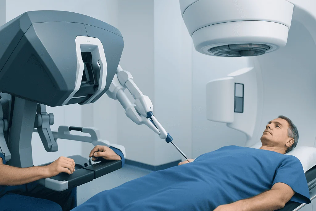 Patient undergoing prostate cancer treatment with advanced radiotherapy technology.