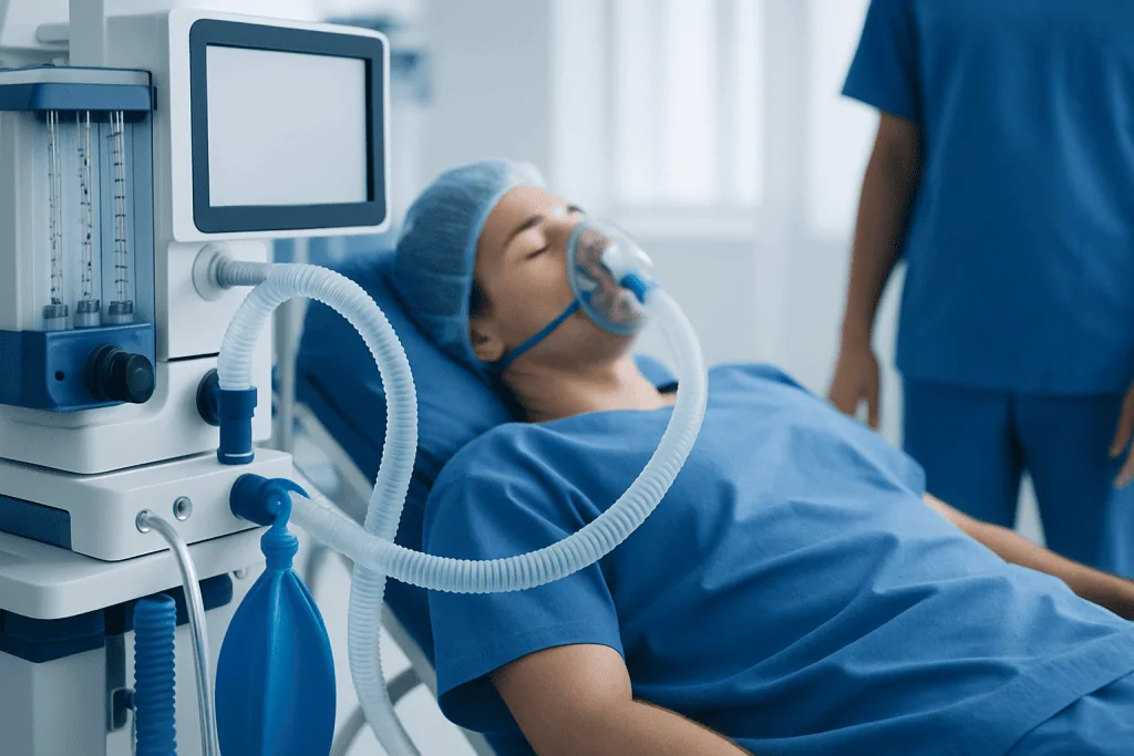 Patient on ventilator in hospital after surgery at Acibadem Hospitals Group.