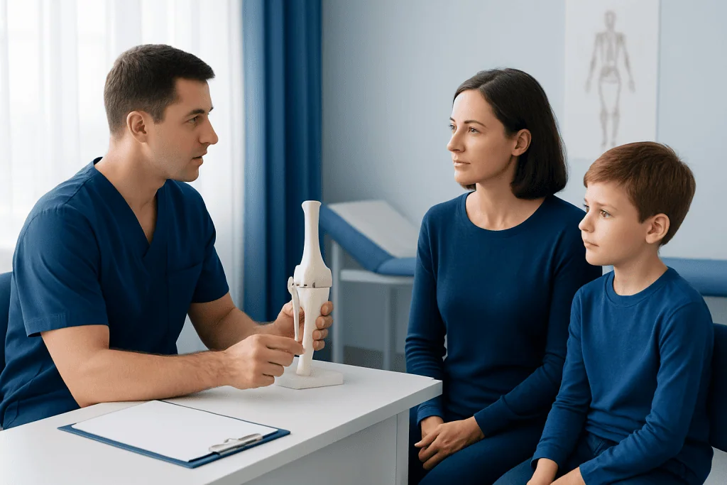 Orthopedic doctor explaining knee anatomy to a mother and son in a clinic.