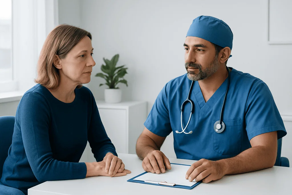 Doctor consulting with a female patient in a medical office setting.