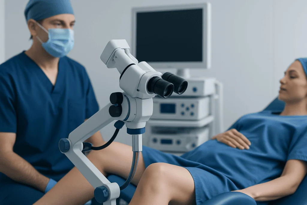 Medical professional using microscope during a gynecological examination.