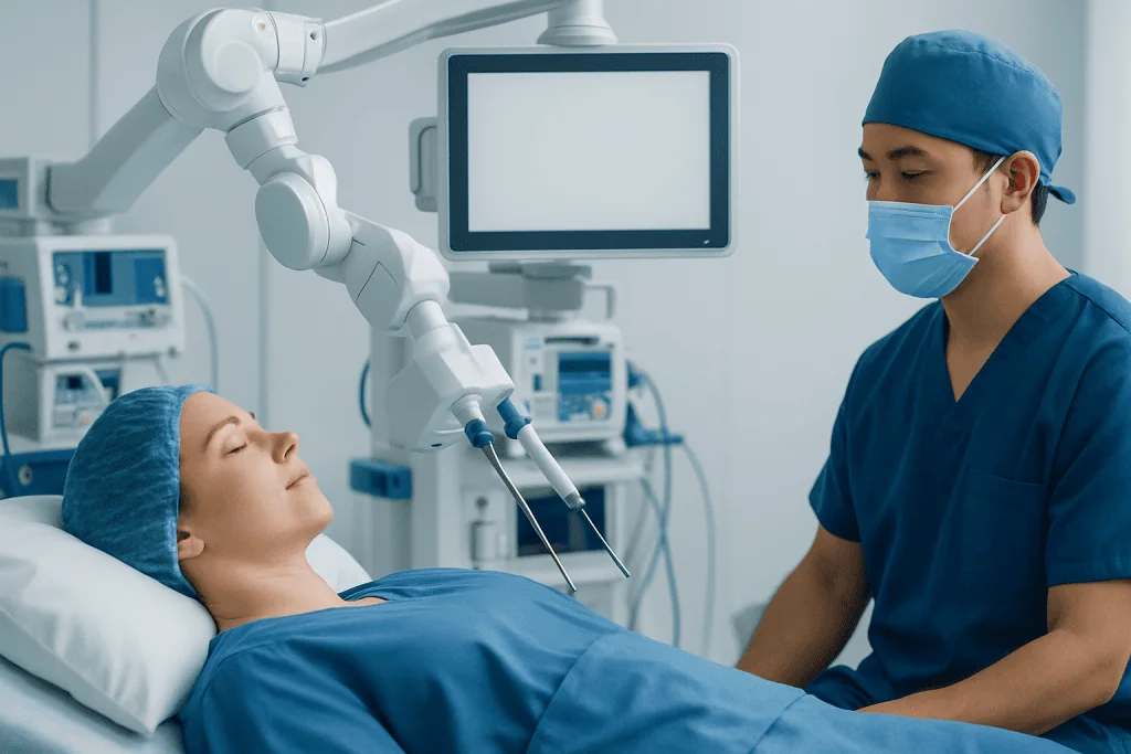 Surgeon performing minimally invasive surgery on patient in operating room.