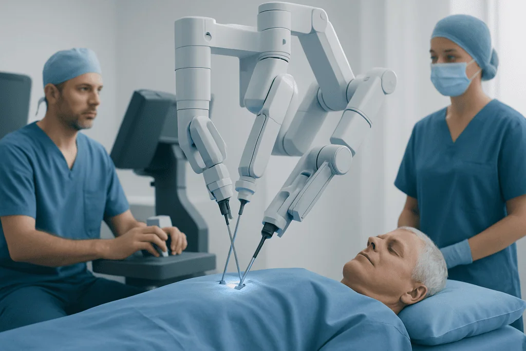 Robotic surgical system performing procedure on patient in hospital.