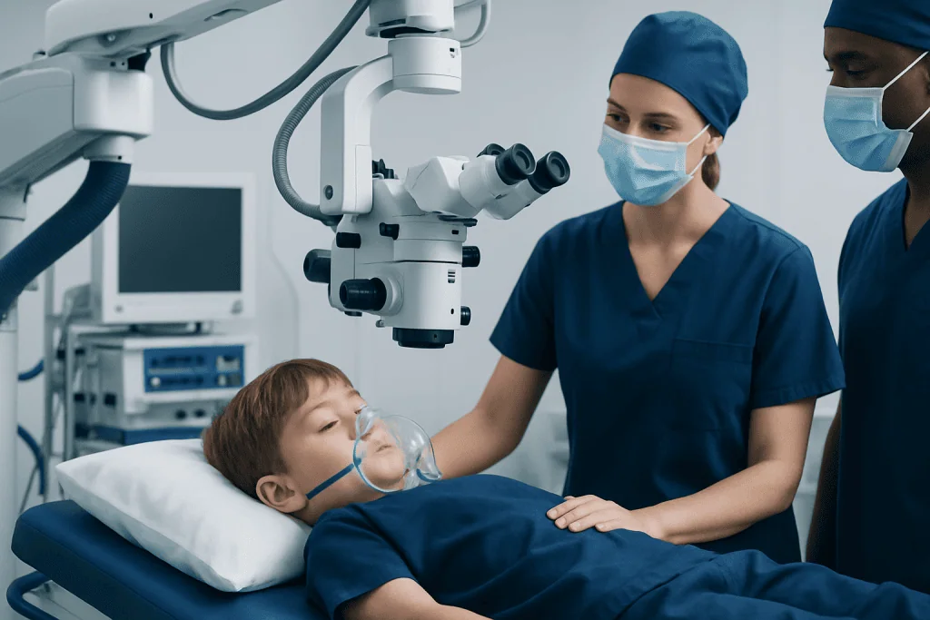 Child undergoing surgery with medical team and advanced equipment.