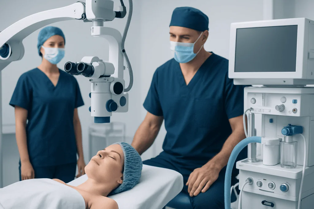 Surgeons performing a surgical procedure in a modern operating room.