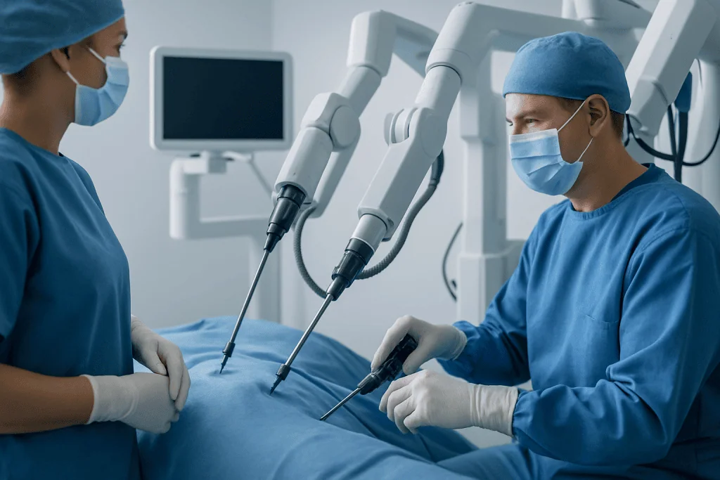 Surgeons performing minimally invasive surgery with robotic assistance at Acibadem Hospital.