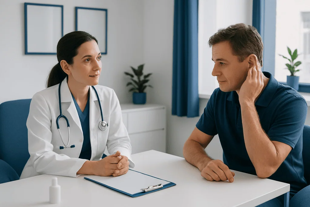 Doctor consulting with male patient in a medical office.