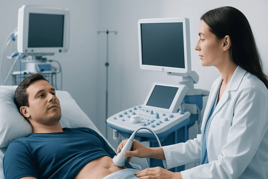 Doctor performing an ultrasound examination on a male patient in a hospital room.