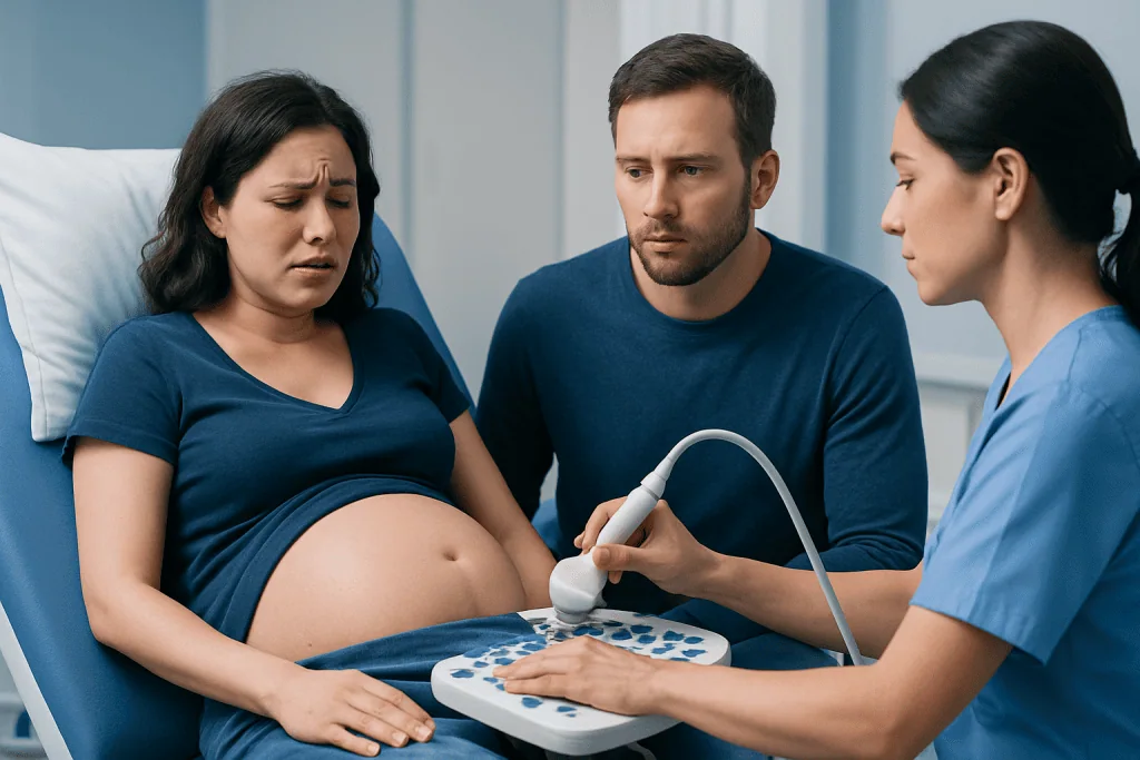 Pregnant woman undergoing an ultrasound examination in a hospital setting.