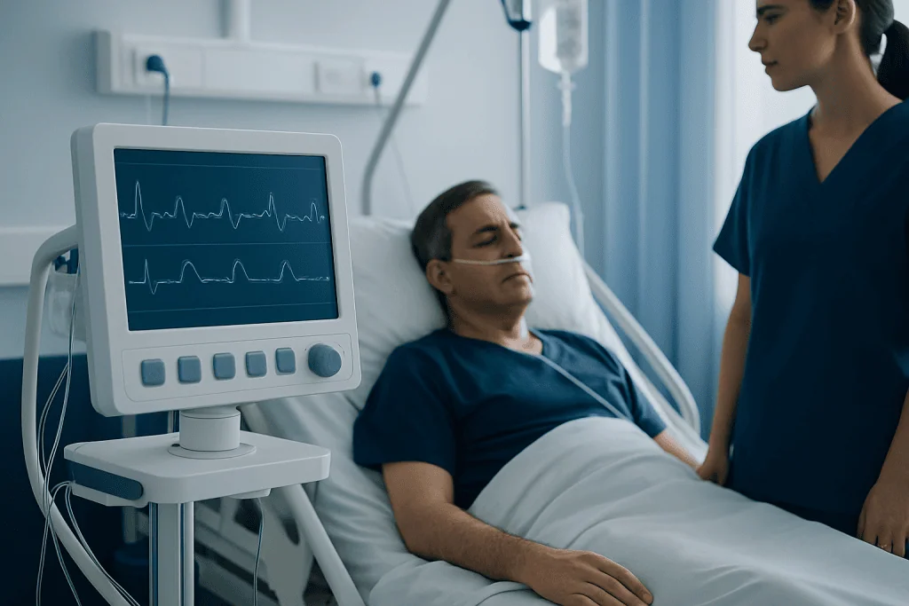 Patient in hospital bed with ECG monitor and healthcare professional nearby.