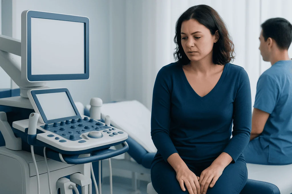 Woman in a medical examination room with ultrasound equipment.