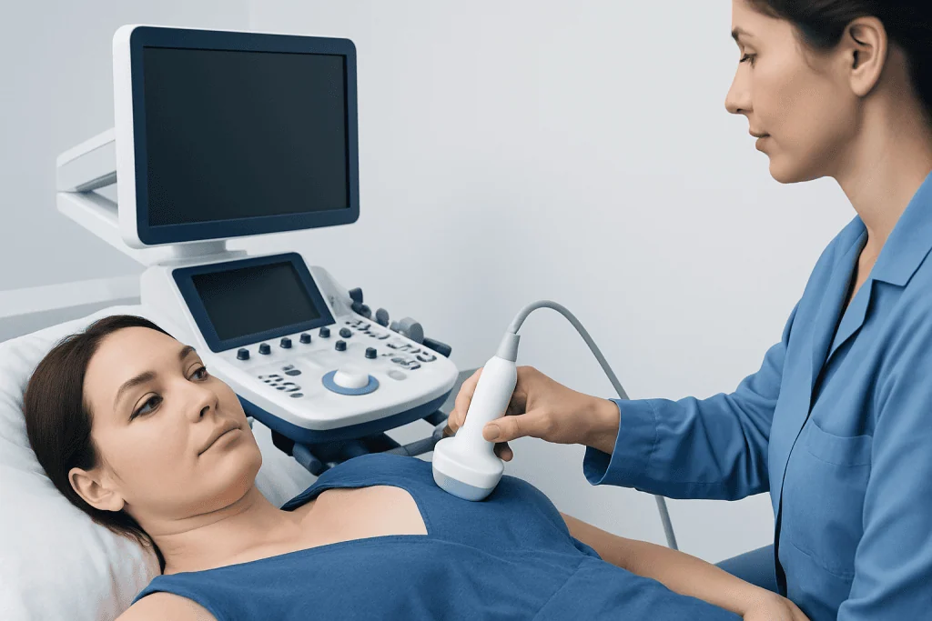 Medical professional performing targeted ultrasound breast examination on patient.