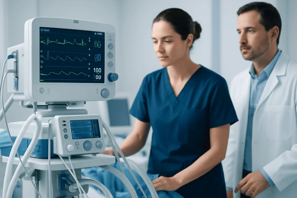 Medical professionals monitoring patient vital signs on a hospital monitor.