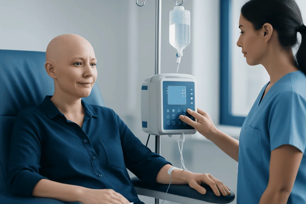 Patient receiving IV therapy at Acibadem Hospital for cancer treatment.