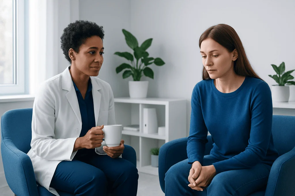Doctor counseling patient about anxiety in a clinical setting.