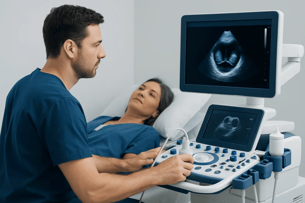 Medical professional performing an ultrasound on a patient in a hospital room.