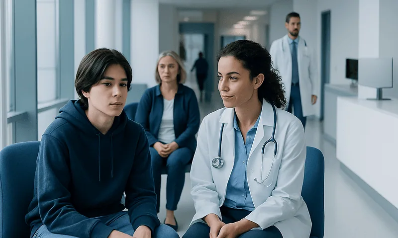 Teen with bipolar disorder talking to a doctor in a hospital corridor.